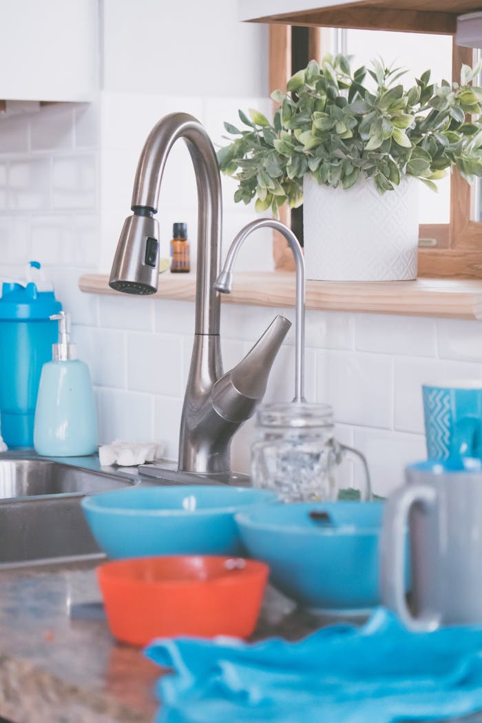 A contemporary kitchen scene featuring a stainless steel faucet, blue dishware, and a green plant for a fresh look.